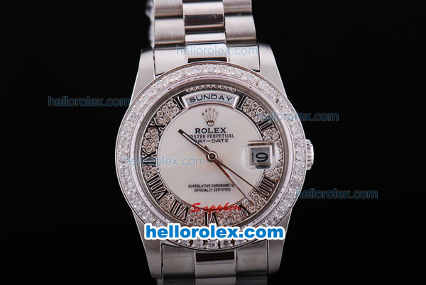 Rolex Day-Date Automatic Diamond Bezel and Roman Hour Marking with Diamonds&White Dial - Click Image to Close